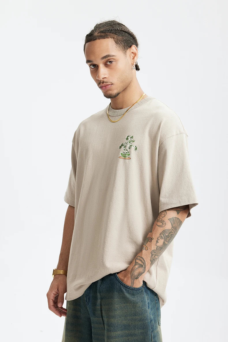 Men's 250G Green Plant Crack Print Retro Street Style Heavyweight Casual Short Sleeve T-Shirt