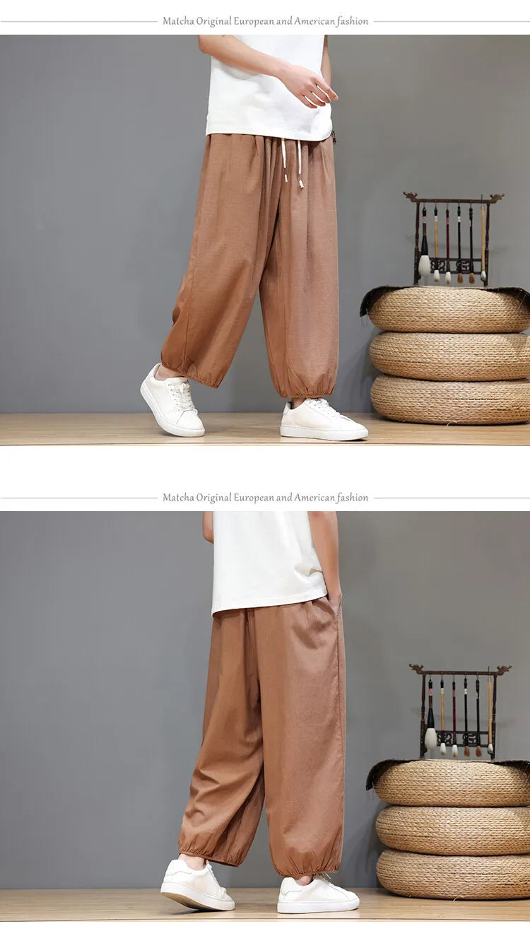 Men's Summer Wide Leg Pants Casual  Breathable Loose Ankle Length  Harem Trousers
