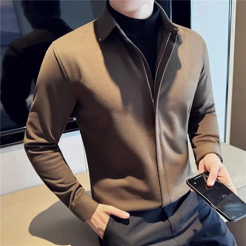 Men's Winter Thick Woolen Zipper Solid Color Turn Down Collar Warm Casual Shirt