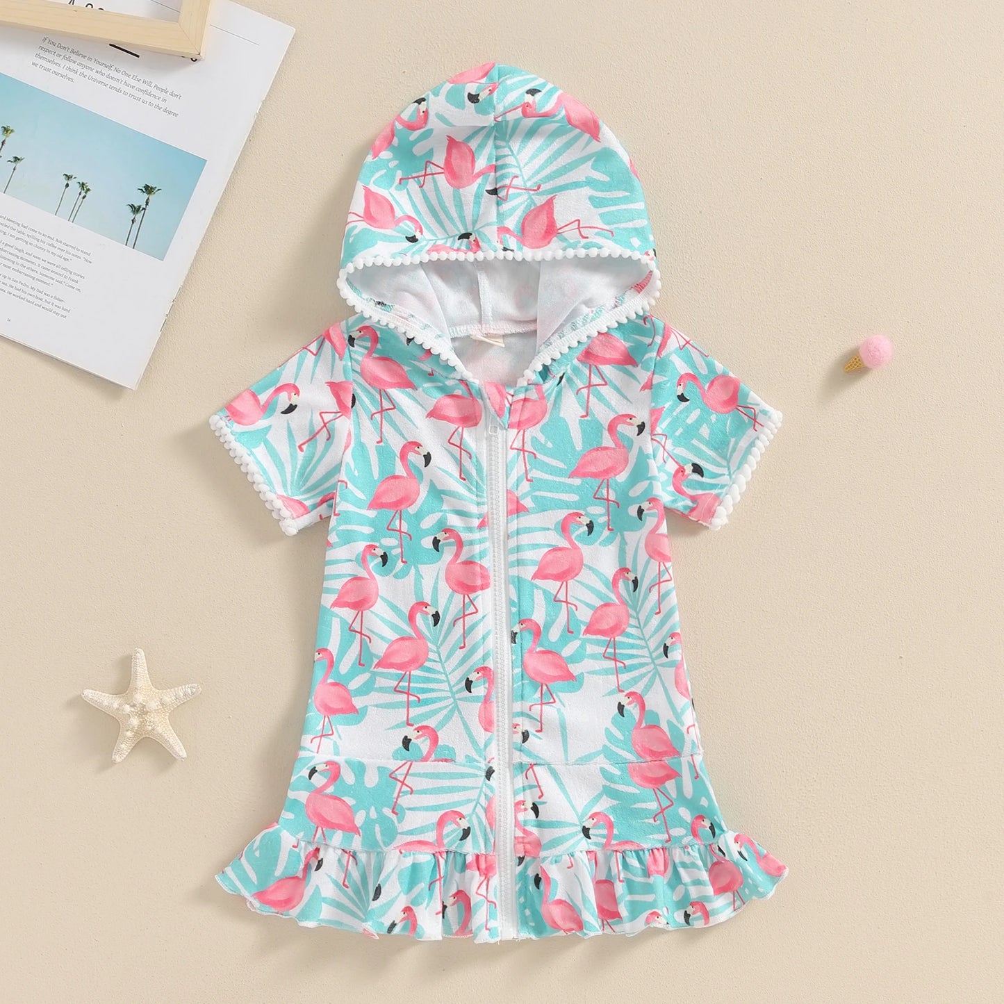 1-8Y Summer Kids Girls Beach Dress Watermelon Flamingo Ice Cream Print Hooded Zipper Closure Swimwear