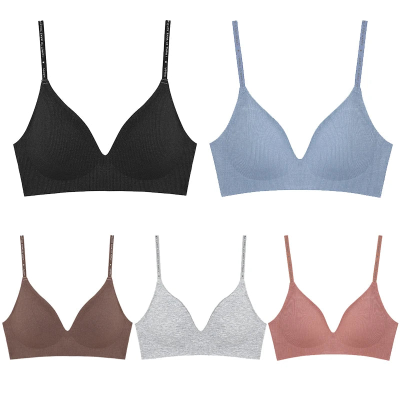 Women's 3/5Pcs/set Wireless Bra Deep V Padded Bralette Stripe Knitting Bras