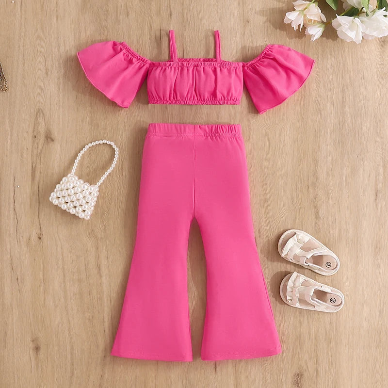 Little Girl's Summer Outfit Set - Off Shoulder T-Shirt & Denim Flare Pants