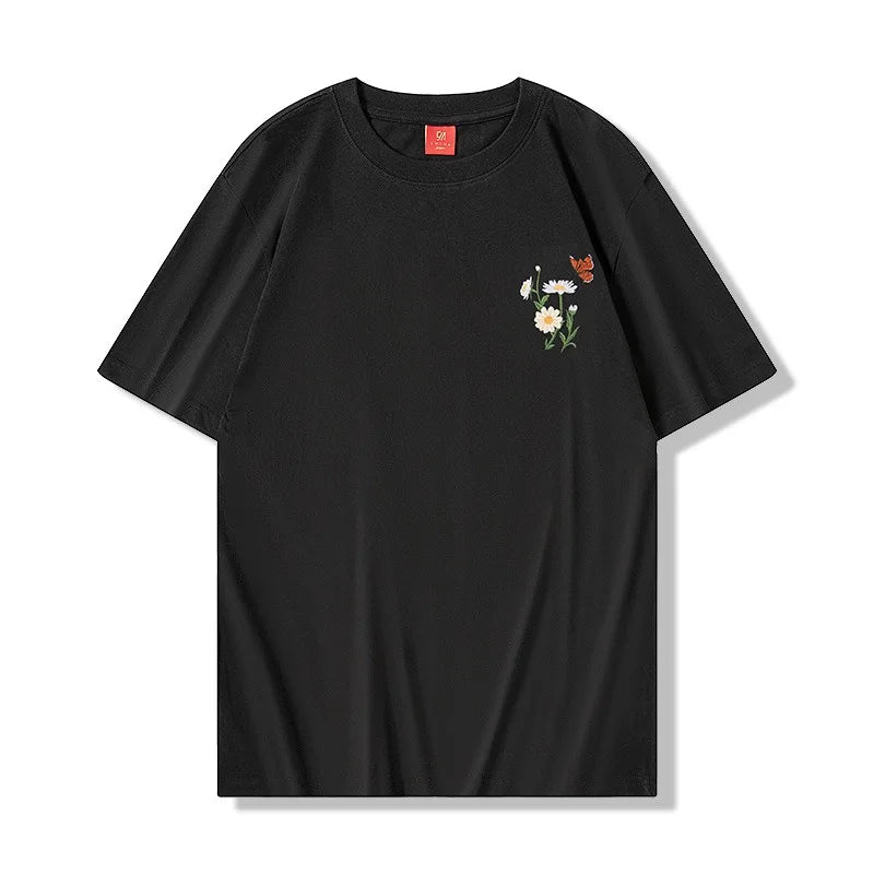 Men's Guochao short-sleeved Butterfly Embroidery Round Neck Cotton T-Shirt