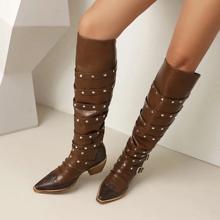 Women's 6cm Square Heel Knee High Boots Belt Buckle Rivet Pointed Leather Long Boots