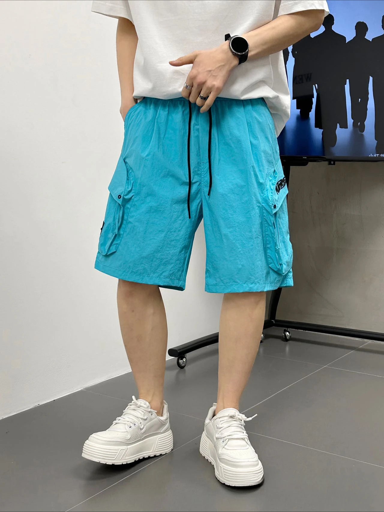 Men's Casual Cargo Shorts Knee Length Summer Drawstring Shorts