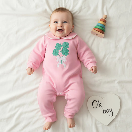 Green Clover Embroidery Doll Collar Long Sleeve Baby Romper (0-18M)
