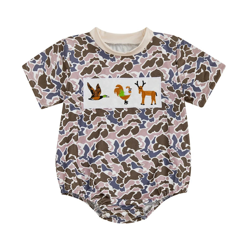 0-18M Summer Casual Baby Boys Romper Camouflage Print Short Sleeve Animal Embroidery Round Neck Jumpsuit