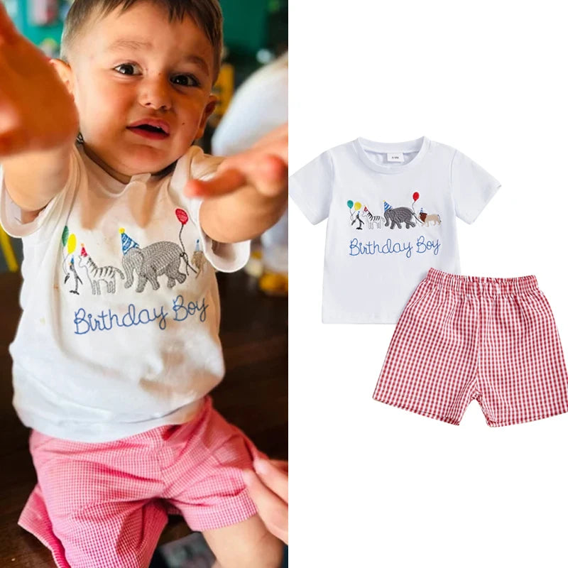 Summer Casual Baby Boys Birthday Outfit Set - Letter Animal Print T-Shirt with Plaid Shorts