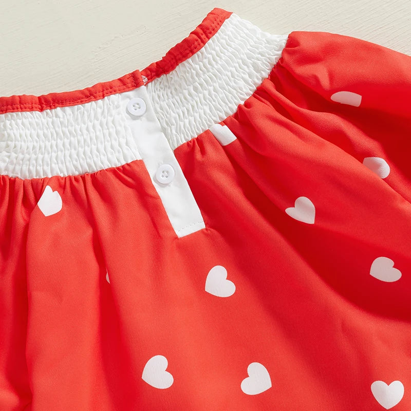 0-3Y Baby Girls Valentine’s Day Dress Long Sleeve Heart Embroidery Heart Print A-Line Dress with Headband Set