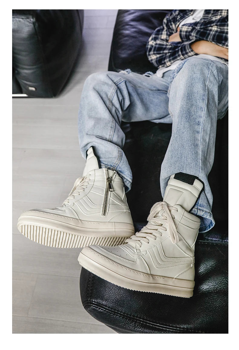 Men's High-Top Leather Sneakers - Lace-Up Ankle Boots
