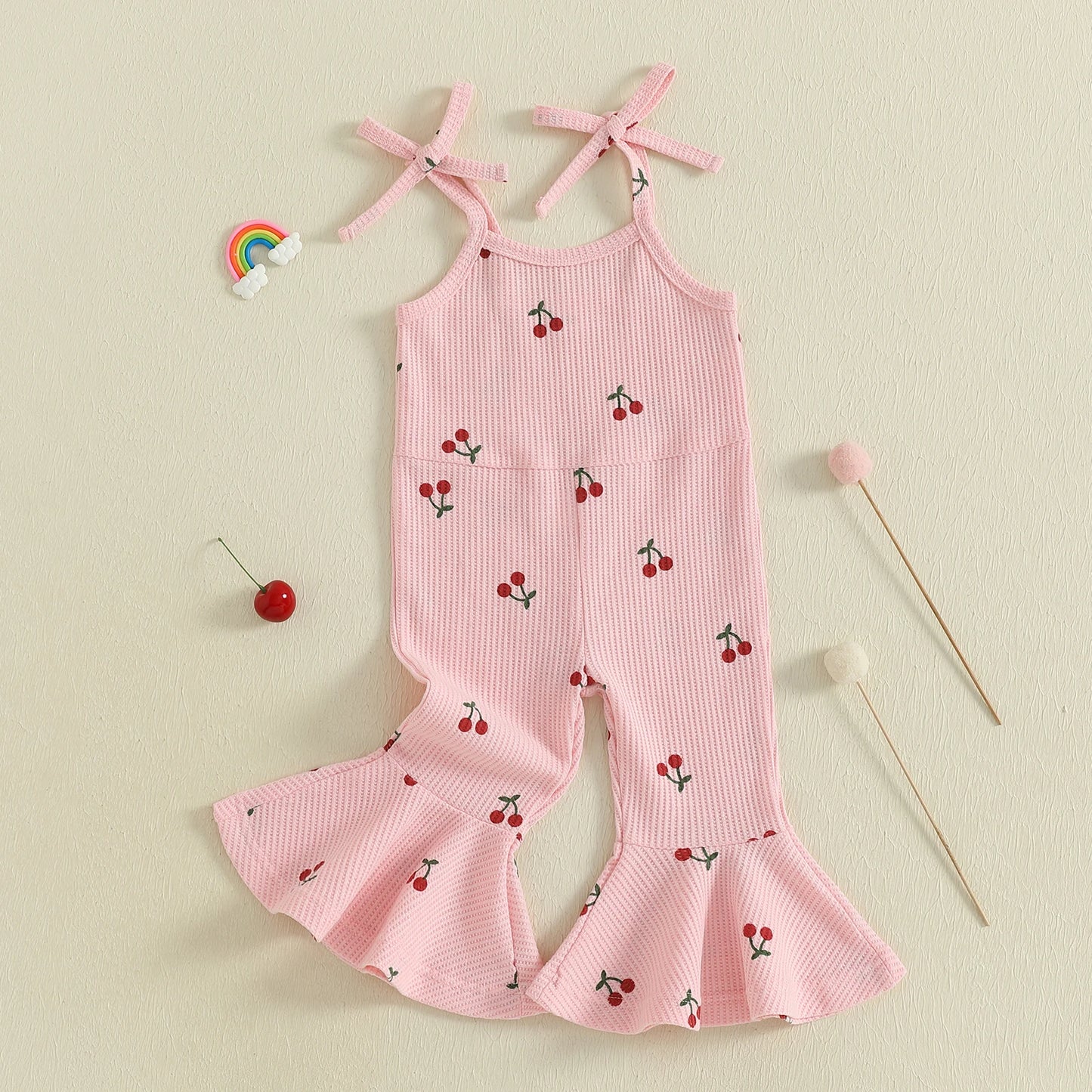 0-5Y Kids Girls Summer Jumpsuit Tie-up Spaghetti Straps Cherry Print Flare Romper Pants