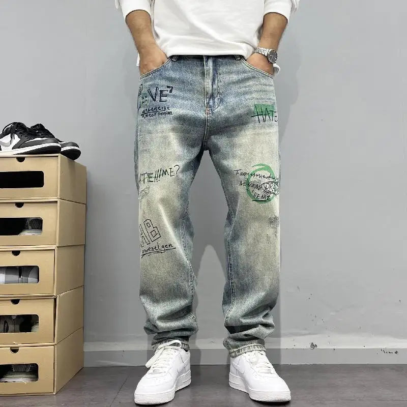 Men's Retro Print Straight Jeans - Loose Fit Hip-Hop