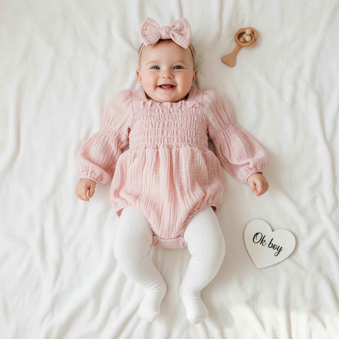 Baby Romper Set - Long Sleeve Smocked Jumpsuit with Headband