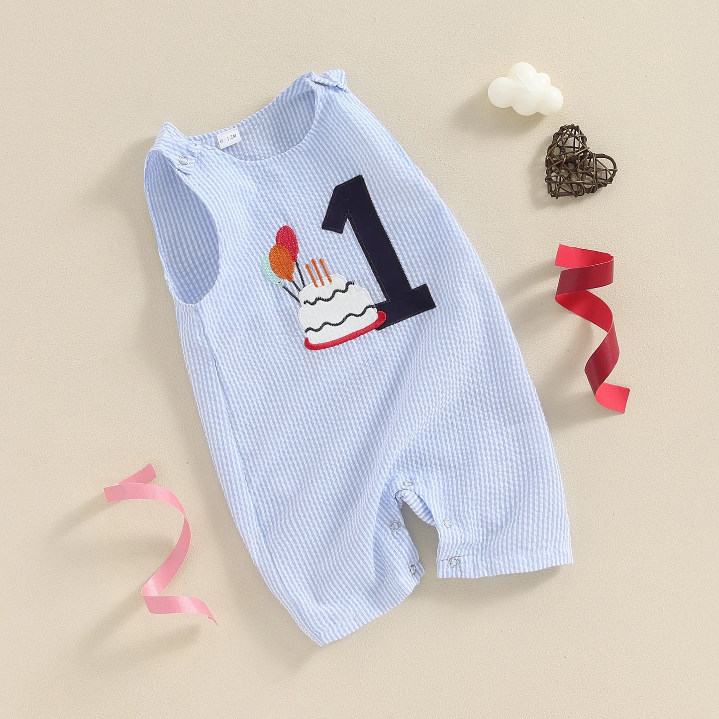 0-18M Baby Boys Overalls Romper Sleeveless Letter Embroidery Cake Striped Birthday Jumpsuits