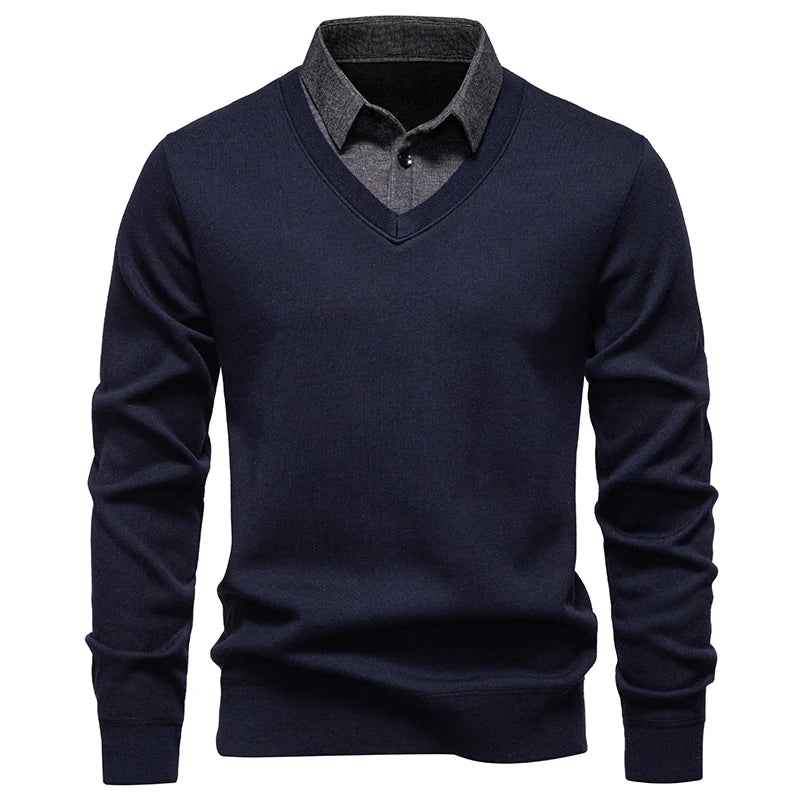 Men's Fake Two-Piece Knitted Pullover - Slim Fit Turn Down Collar Sweater