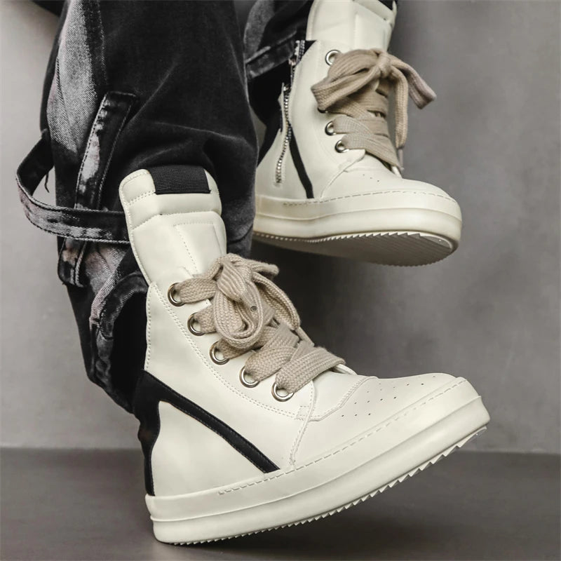 Unisex High-Top Leather Sneakers - Lace-Up Ankle Boots