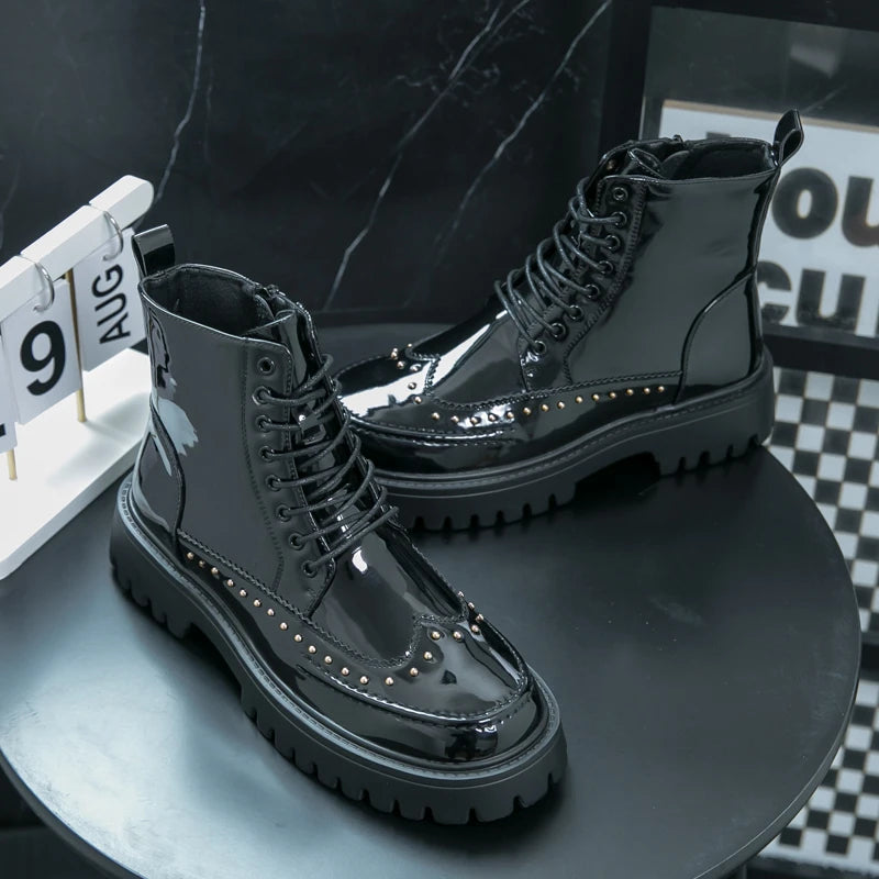 Platform Leather Boots - Men's Motorcycle Style Thick Sole Dress Sneakers