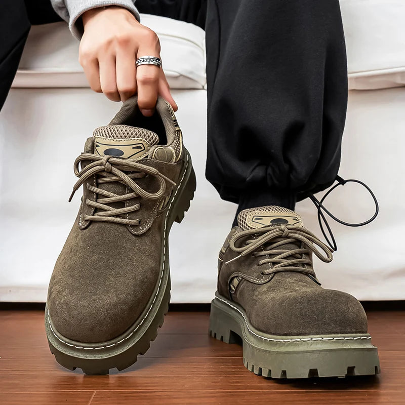 Men's Platform Suede Sneakers - Lace-Up Casual Outdoor Shoes