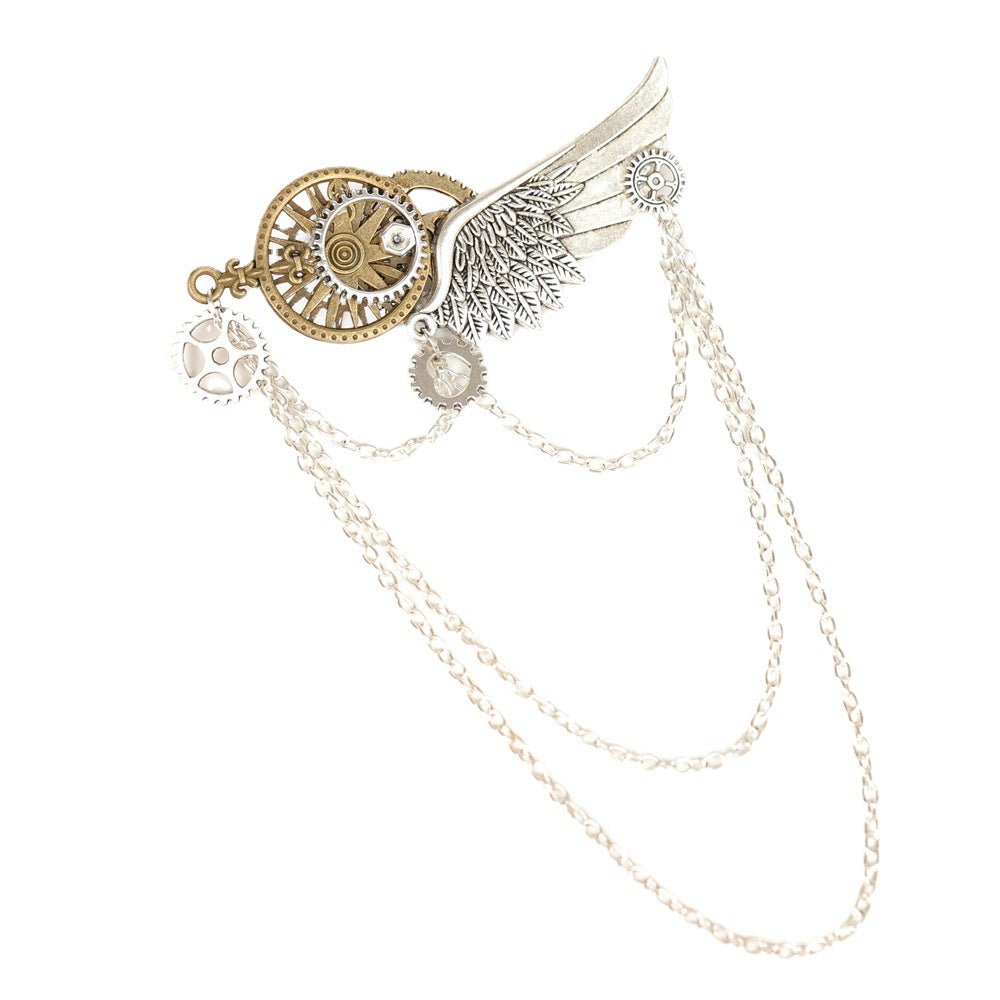 Vintage Steampunk Wings Brooch with Tassel Chain - Lapel Pin Badge