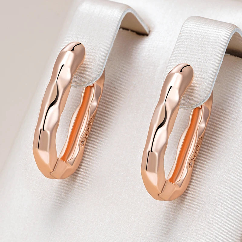 Rose Gold Rectangular Hoop Earrings - Simple Glossy Design for Women