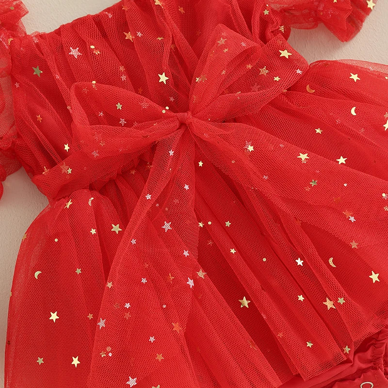 0-18M Infant Baby Girls Christmas Romper Dress 2pcs - Short Puff Sleeve Star Lace Mesh Tulle Jumpsuits and Headband