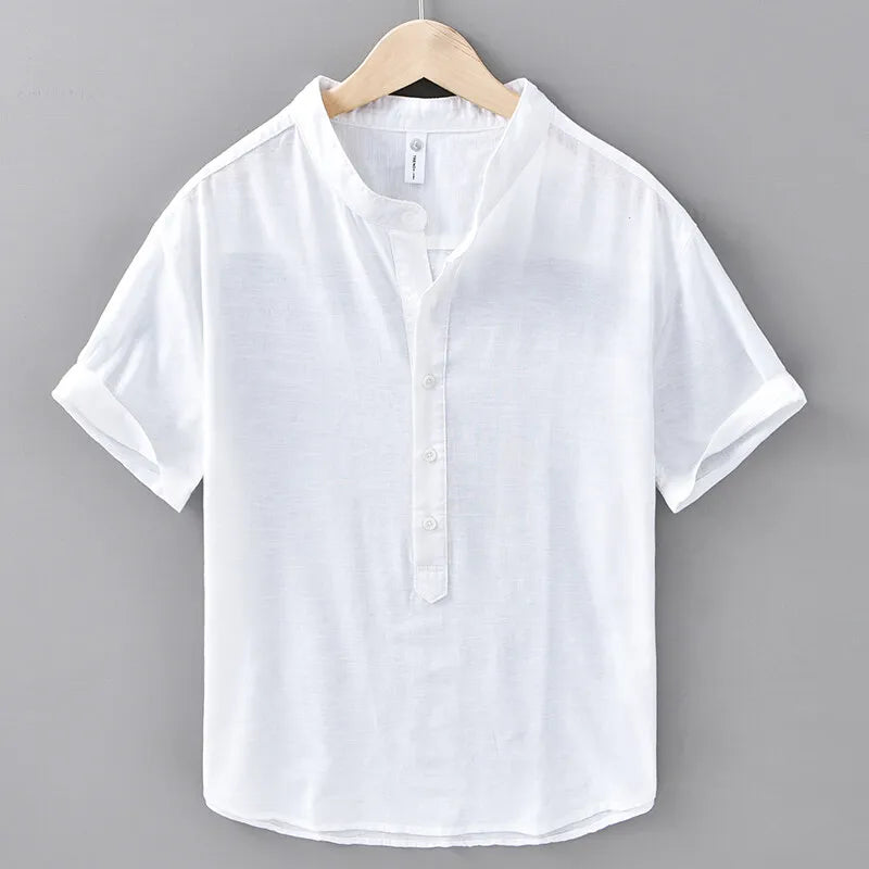 Men's Summer Cotton Linen Casual Lightweight Breathable Short Sleeve Loose Stand Collar Shirt