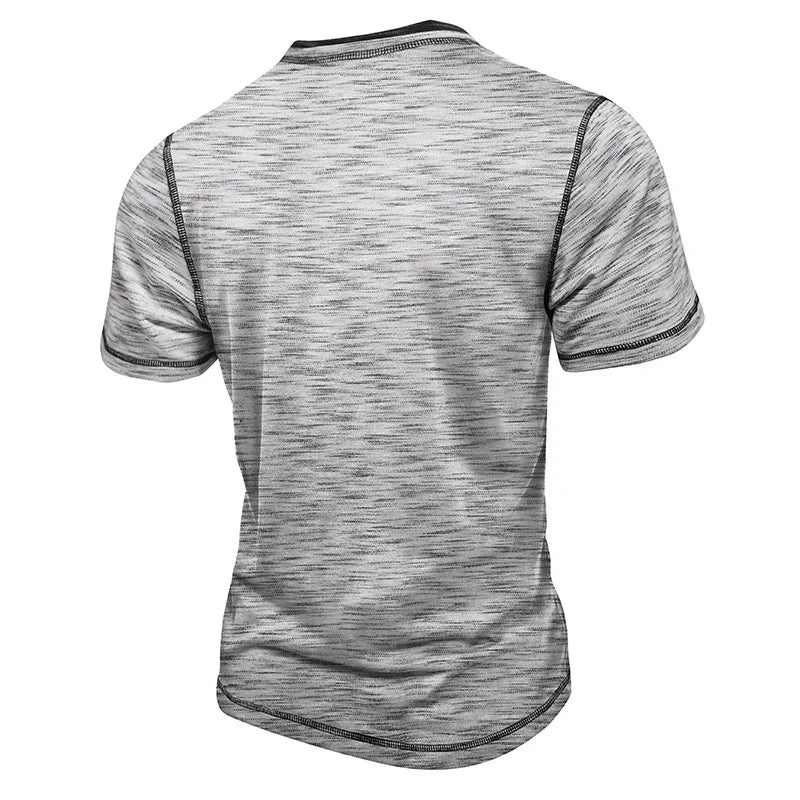 Men's Summer Henry Collar Patchwork Short Sleeve Casual Breathable Pullover T-Shirt