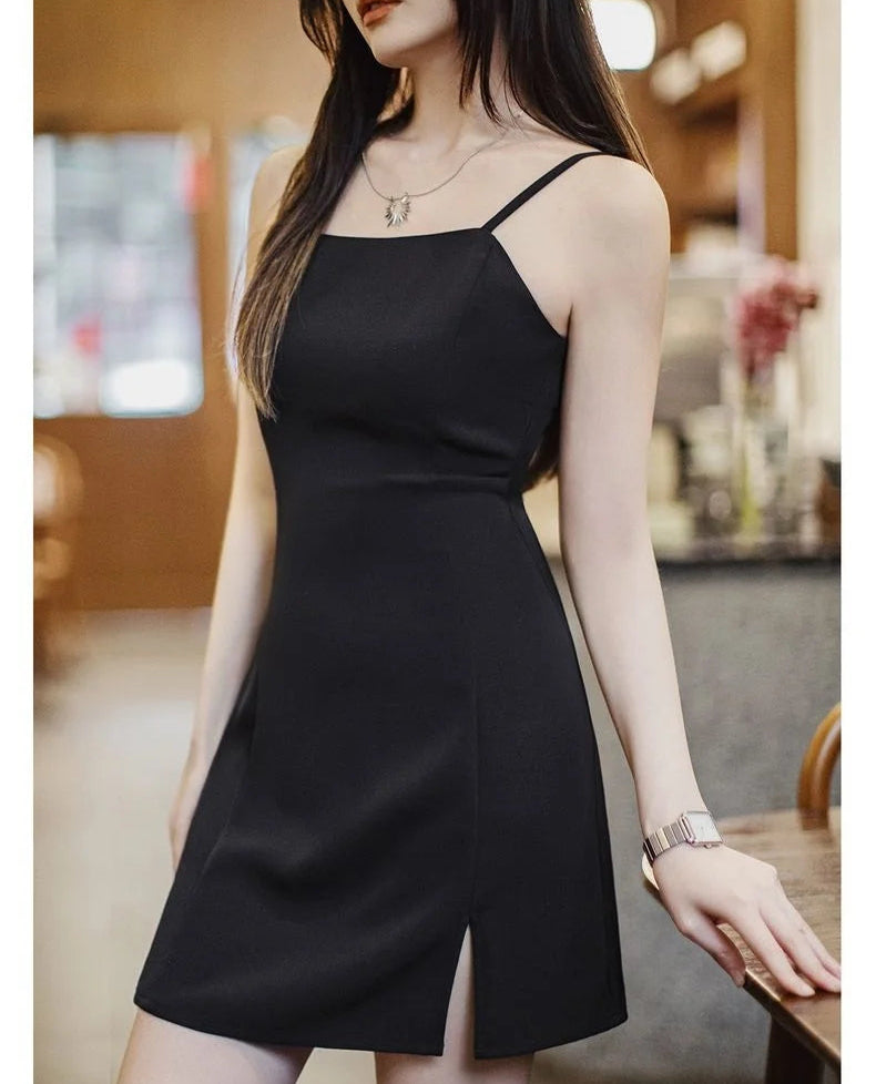 Women's Elegant Black Slip Dress - Backless Midi Summer Dress