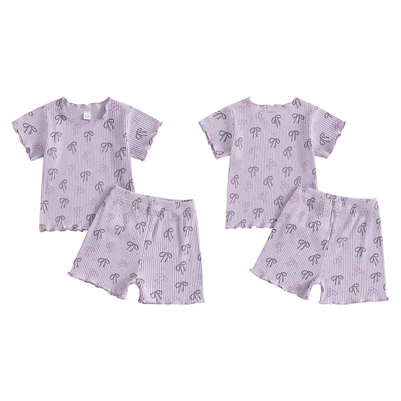 1-5Y Kids Girls Clothes Sets Bow Print Lettuce Trim Short Sleeve T-shirt Elastic Waist Shorts