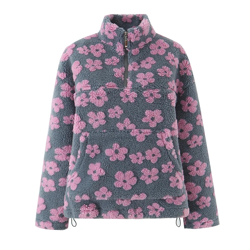 Lambswool Floral Sweatshirt - High Neck Long Sleeve Warm Pullover