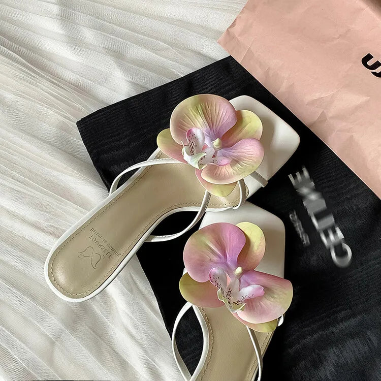 Women's 3D Flower Beach Slippers - Square Toe Heel Sandals