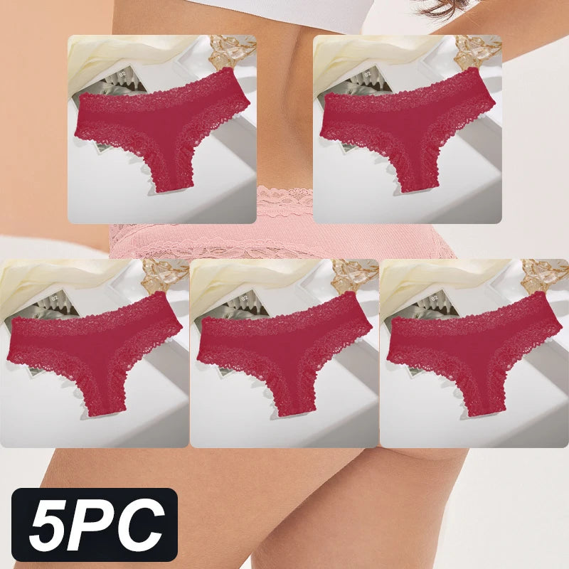 5PCS Women Cotton Lace Underwear Low Waist Briefs Breathable G-String Lingerie