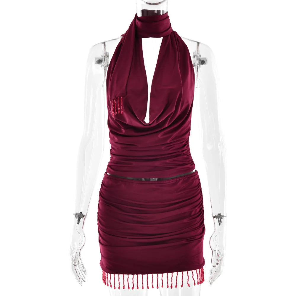 Women's Elegant Ruched Draped Halter 2 Piece Set - Top & Mini Skirt