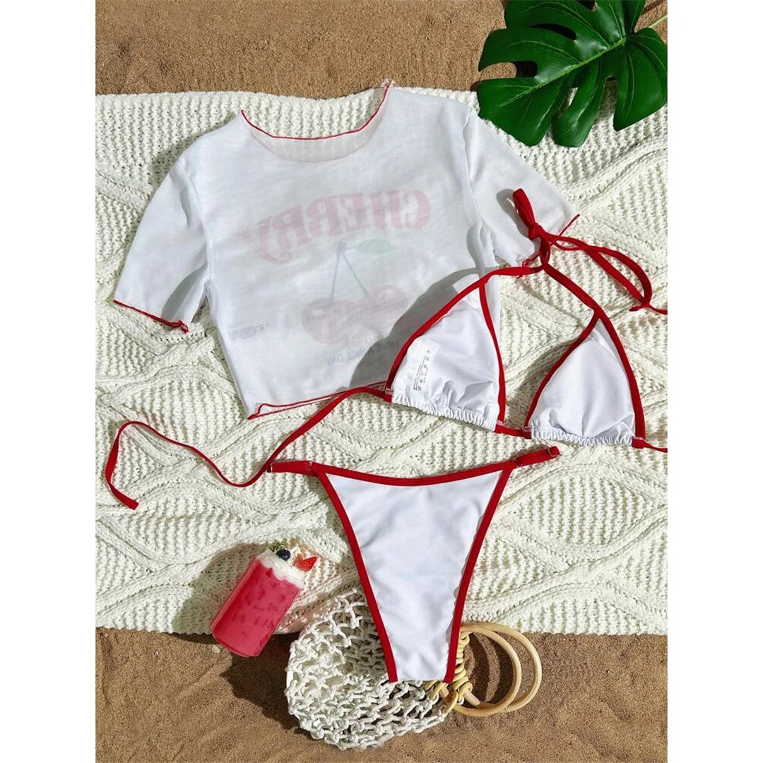 Women's Cherry Printed Short Sleeve Bikini Swimsuit Swimwear Three-pieces Bikini Set