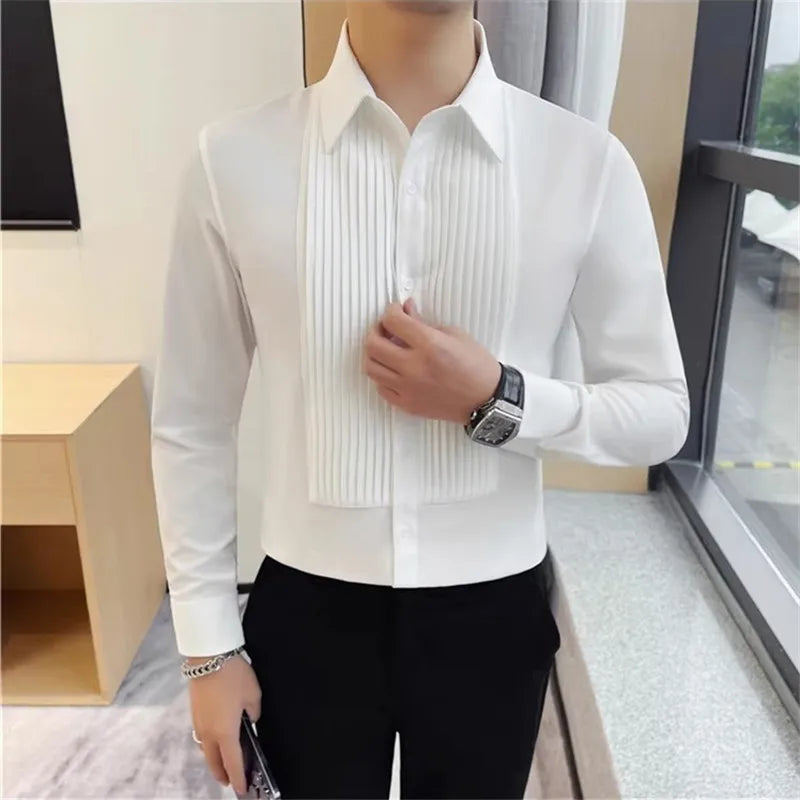 Men's Long Sleeve Pleated Fold Tuxedo Shirt