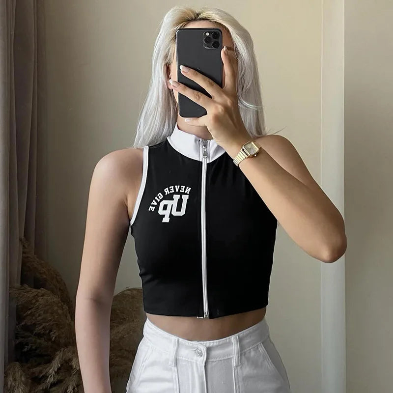 Women Don't Give Up Letters Print  Sleeveless Contrast Colour Crop Top