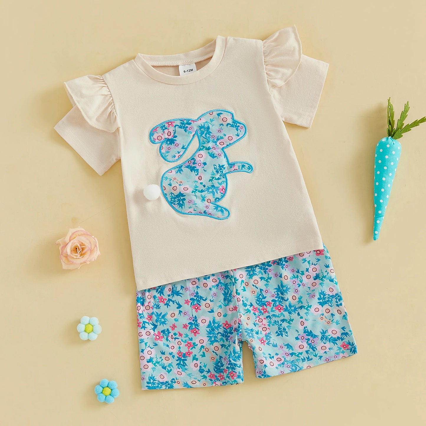 0-4Y Kids Girls Easter Clothes Set Rabbit Floral Print Short Sleeve Ruffled Tops Elastic Waistband Shorts