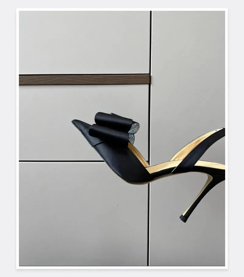 Women's Rhinestone Bowknot Satin Pointed Heel Sandals - Bridesmaid Party Shoes