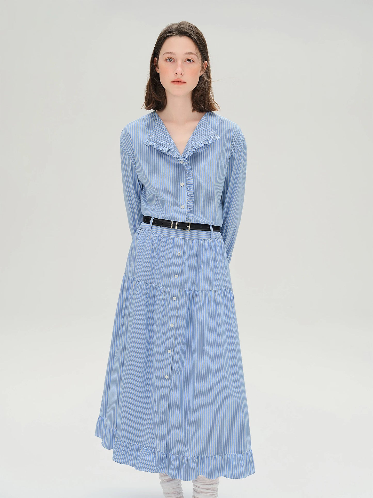 Plus Size Striped Shirt & Skirt Set with Wooden Collar Detail