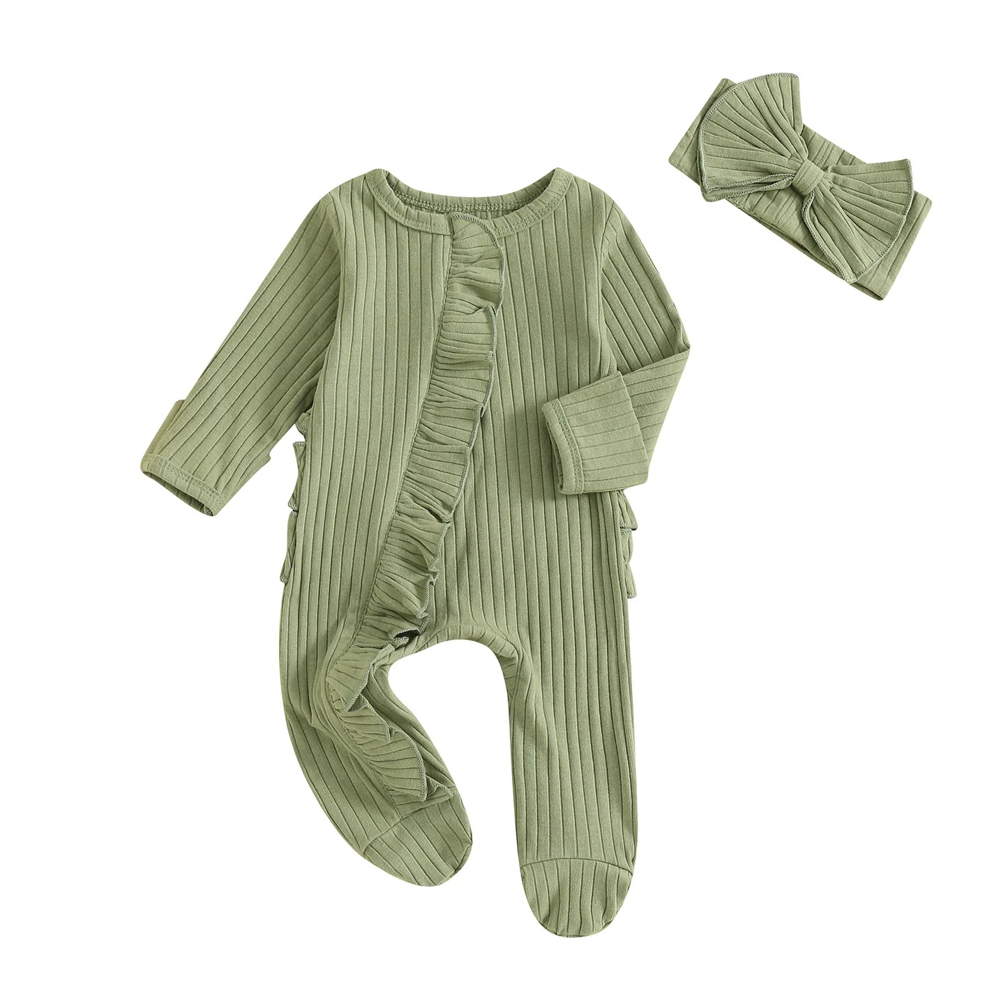 Newborn Baby Romper Set - Solid Ribbed Ruffle Trim Zipper Footed Jumpsuit & Bow Headband