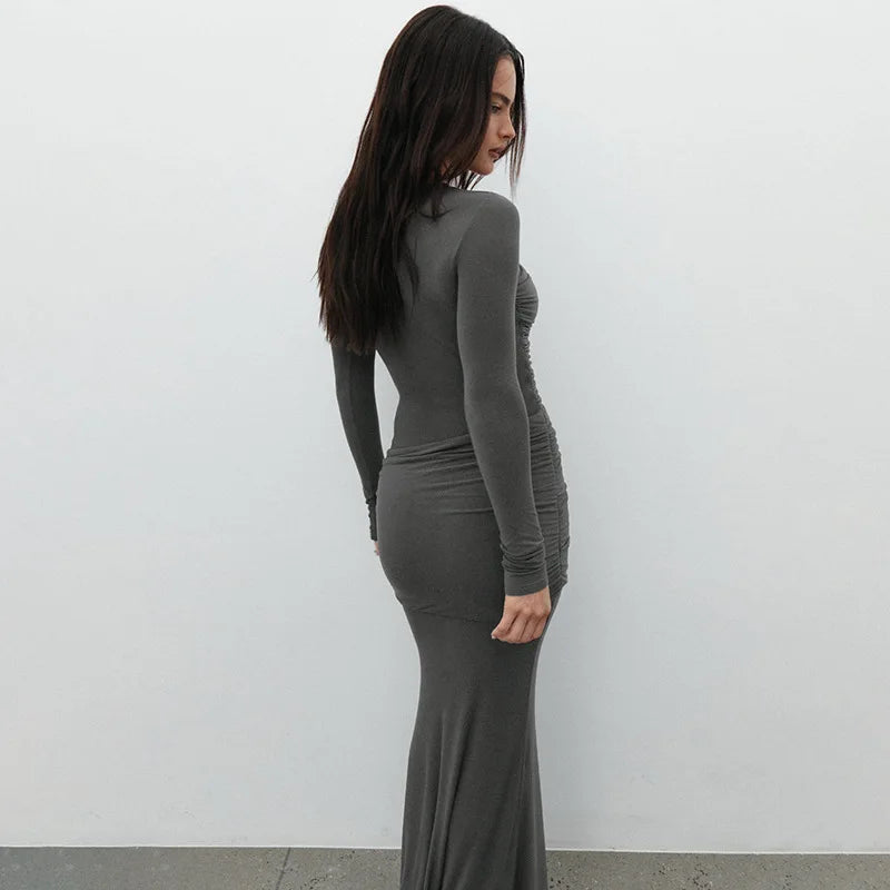 Women's Ruched Maxi Long Sleeve Elegant Asymmetrical Dress