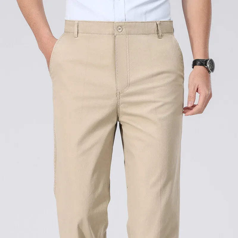 Men's Spring Summer Cotton Smart Casual Lightweight Zipper Fly Straight Breathable Trousers