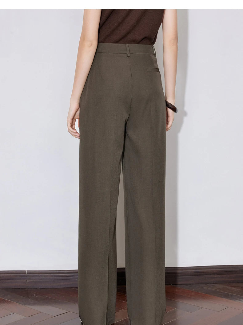 Women's High Waist Straight Leg Suit Trousers with Pockets | Brown