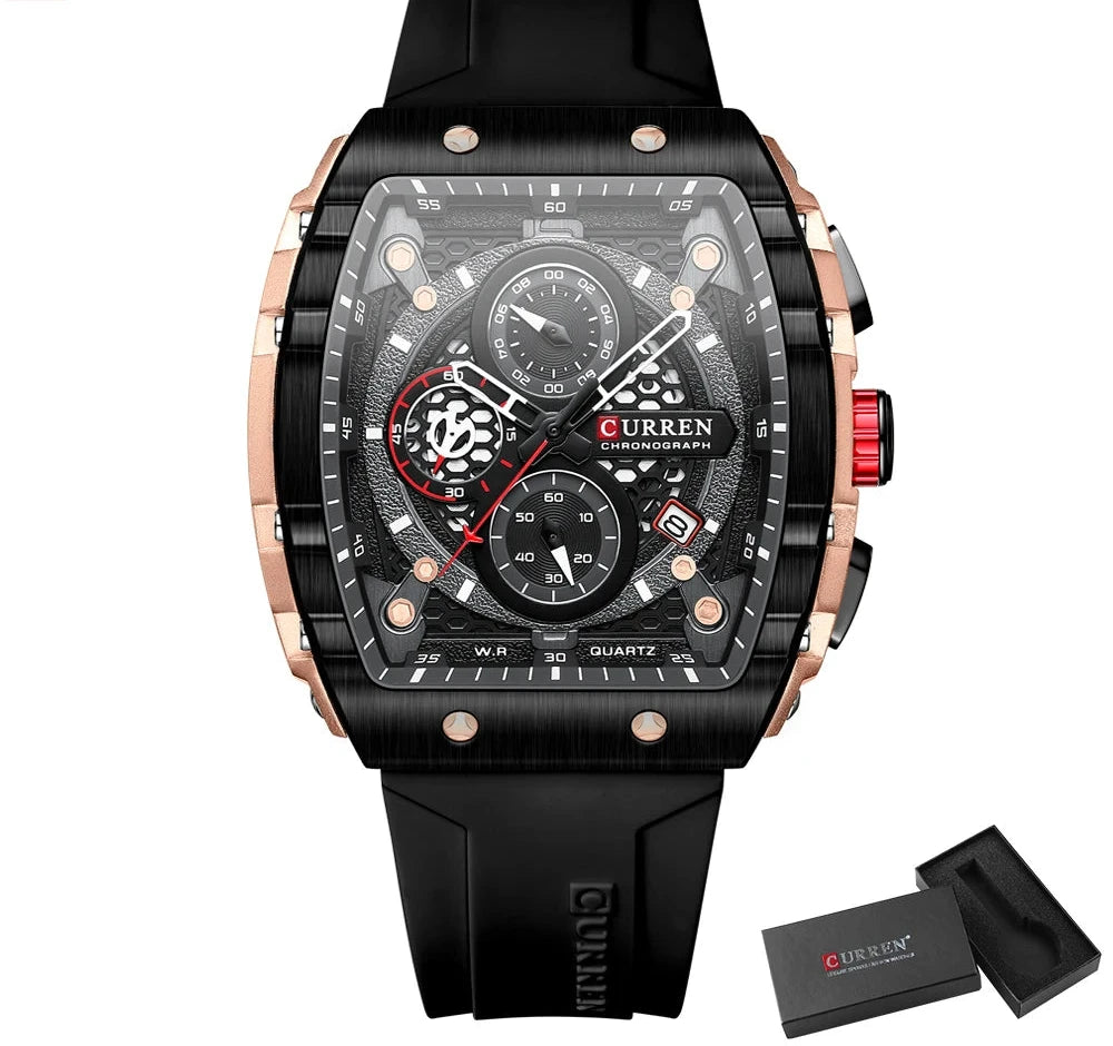 Tonneau Dial Sport Watch - Waterproof Quartz with Auto Date & Yellow Silicone Strap