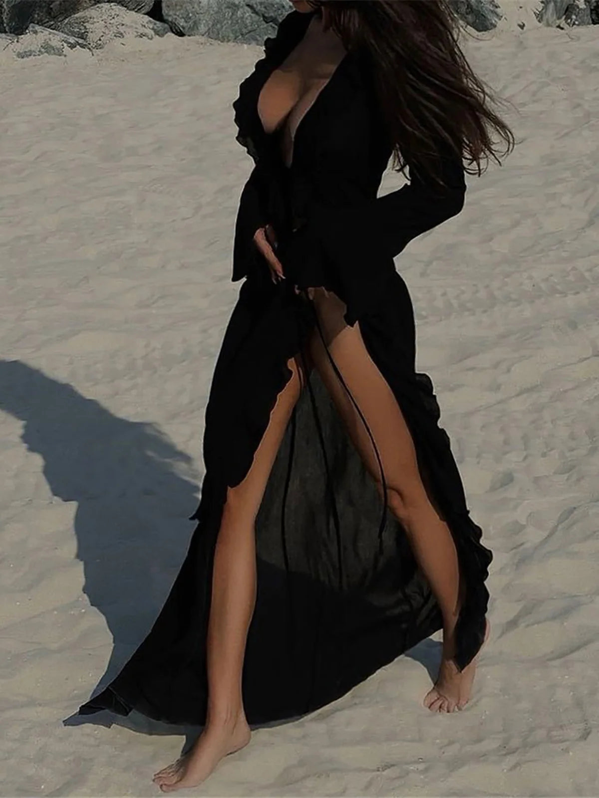 V Neck Ruffled Long Sleeve Chiffon Beach Cover Up Dress