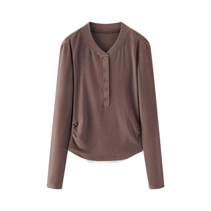 Long Sleeve Cropped Thermal Fleece Layered Henley Neck Slim Fit Top