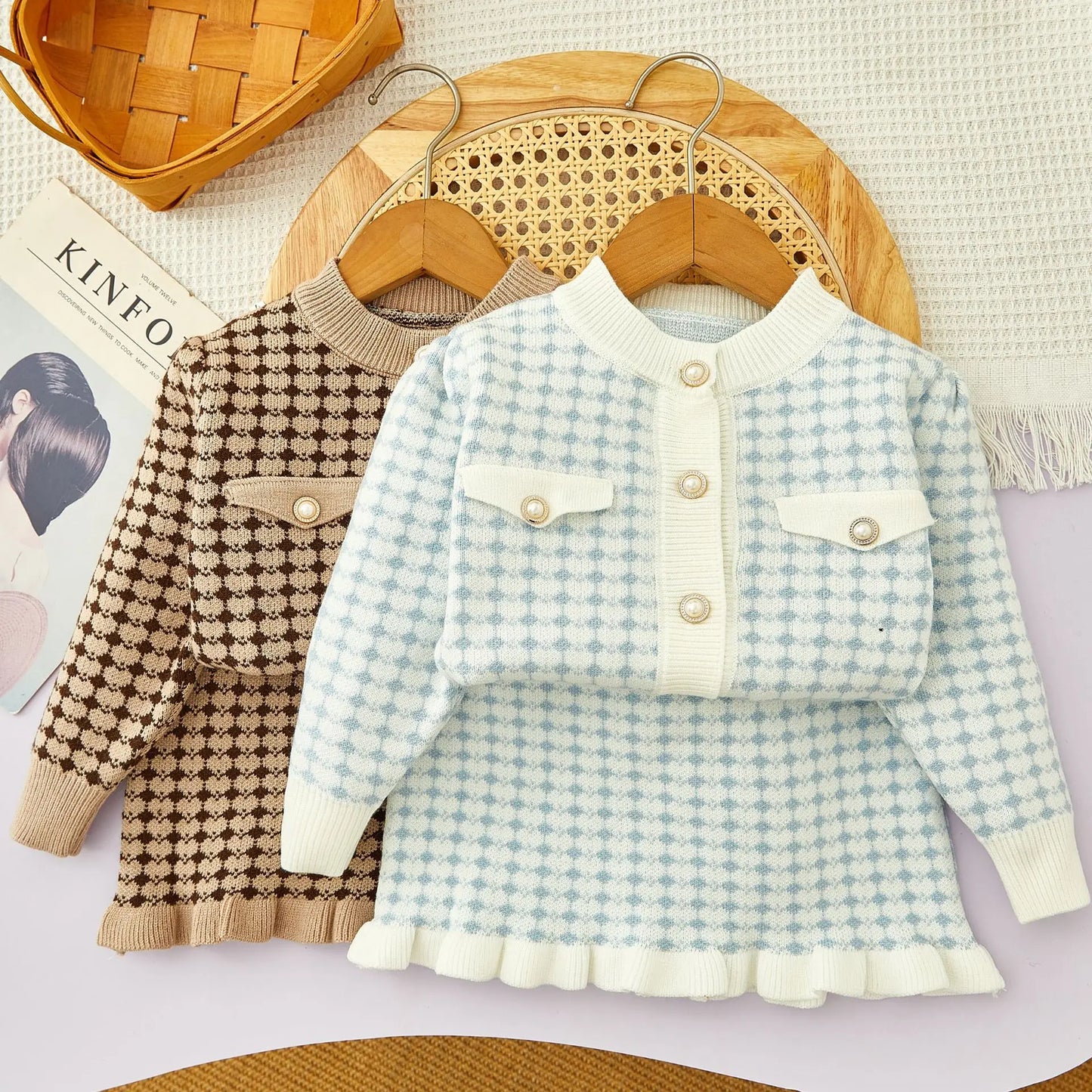 Girls Winter Knitted Cardigan & Skirt Set – Checkered Plaid