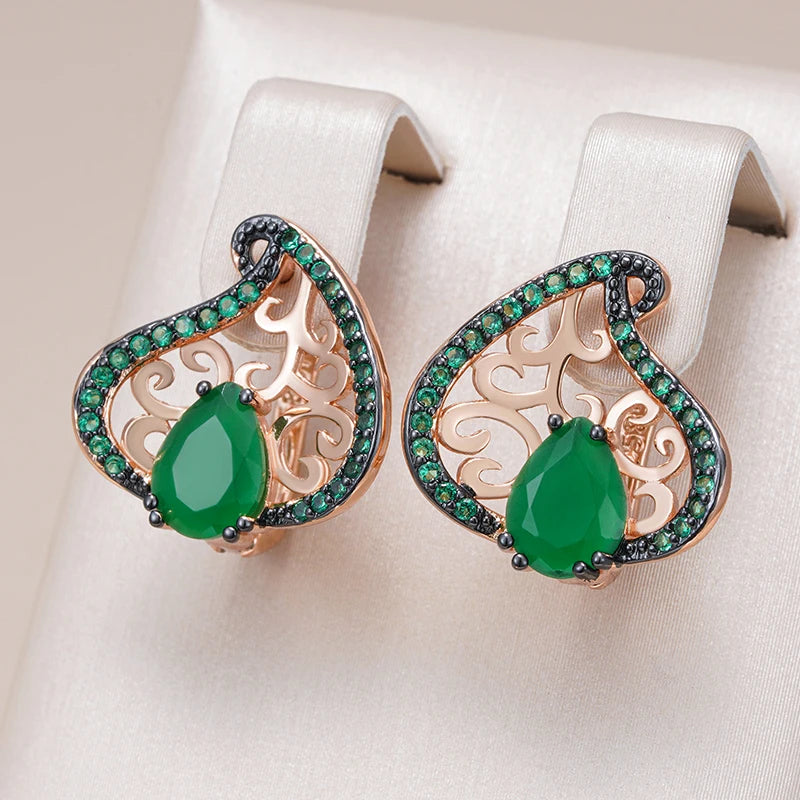 Women 585 Rose Gold and Black Plating Vintage Green Natural Zircon Crystal Flower Drop Earrings