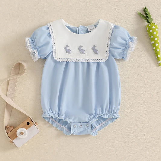 Baby Girls Easter Romper - Lace Ruffled Rabbit Embroidery Short Sleeve Bodysuit