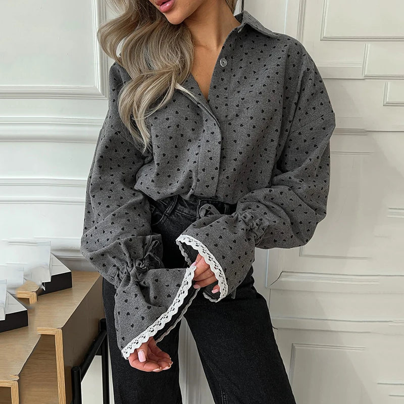 Women's Lace Splice Loose Polka Dot Lapel Long Sleeve Shirt Casual Single Breasted Blouses